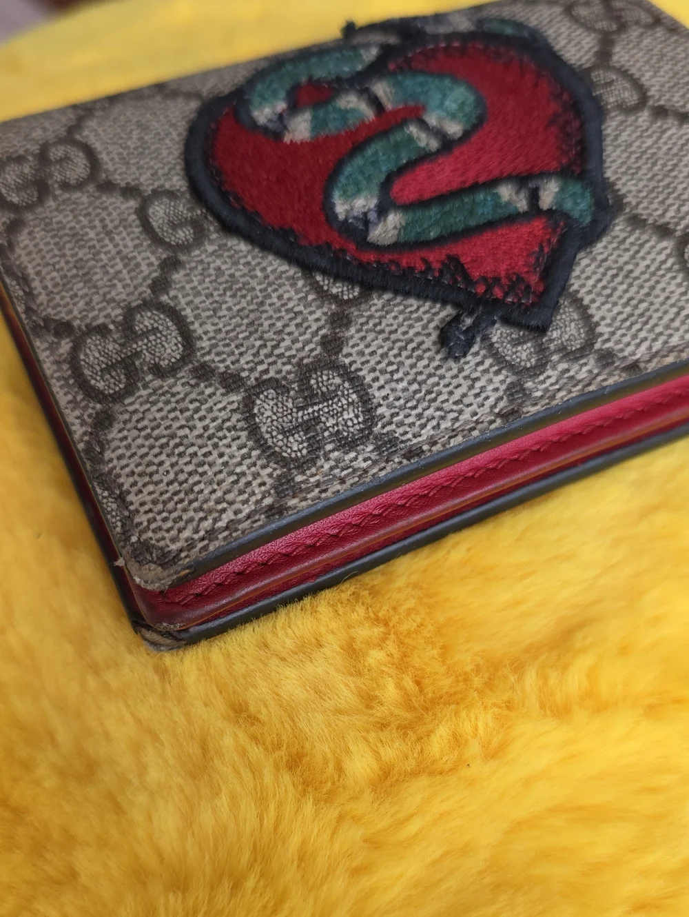 Gucci Beige GG Canvas Wallet with Red Heart and Green Snake Embroidery